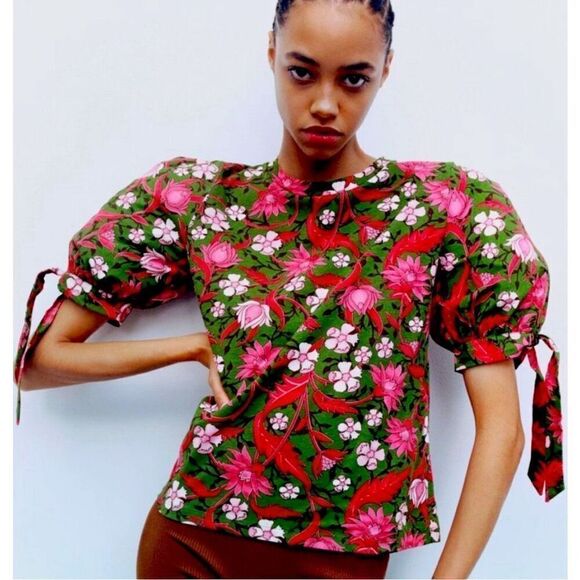 Zara Womens Floral Puff Tie Short Sleeve Cotton Top Pink Green Small - Picture 1 of 9